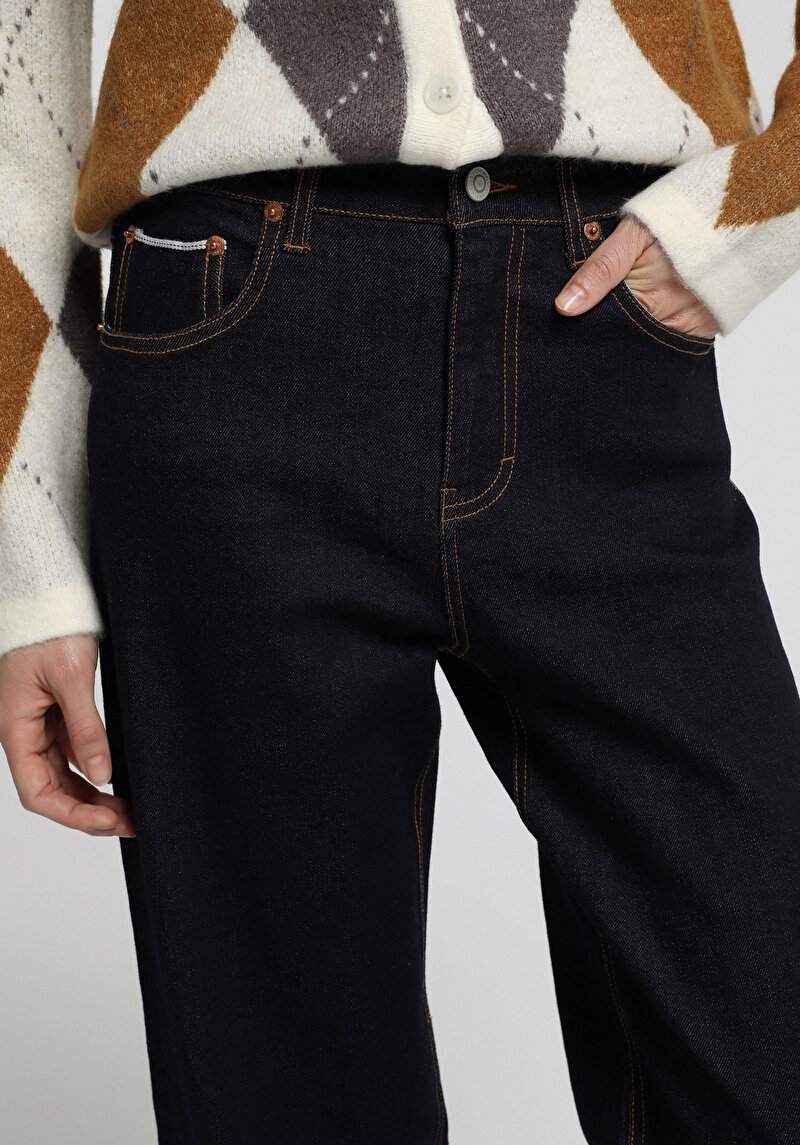 Selvedge Denim Baggy Fit Düşük Bel Geniş Paça Kadın Koyu İndigo Jean Pantolon