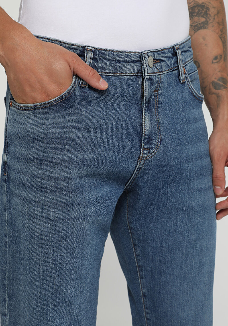 Slim Fit   Erkek Mid İndigo Denim Jean Pantolon