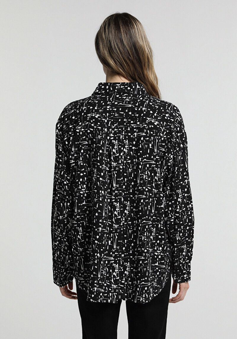Boyfriend Fit Shirt Neck Baskılı Kadın Siyah Uzun Kol Gömlek