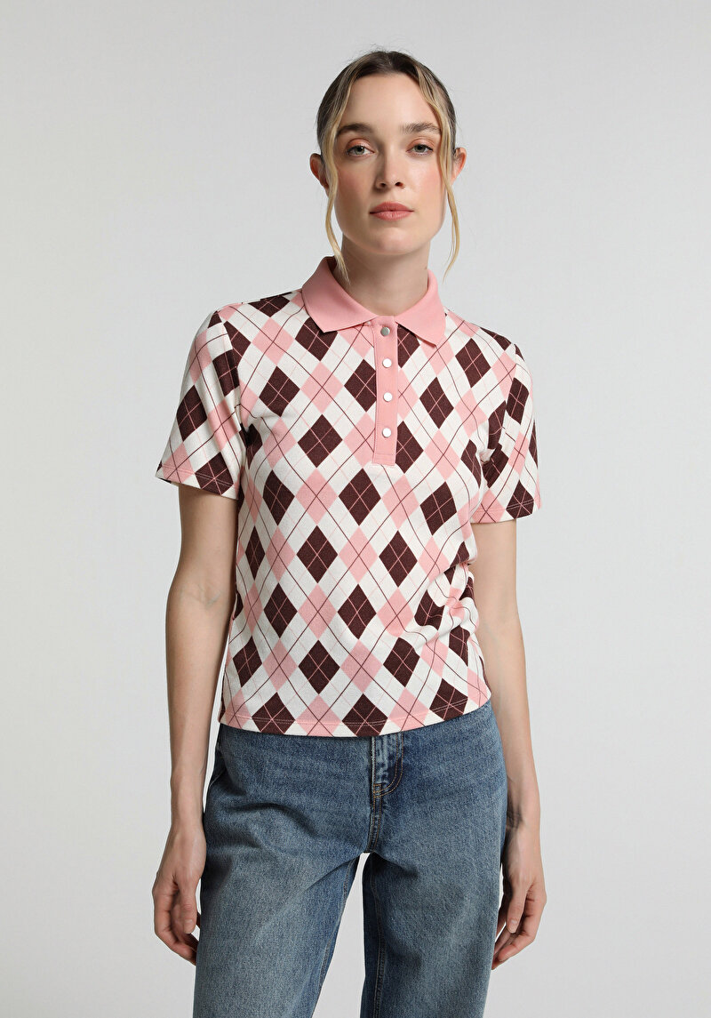 Slim Fit Polo Yaka Metraj Baskılı Kadın Pembe Kısa Kol Tişört