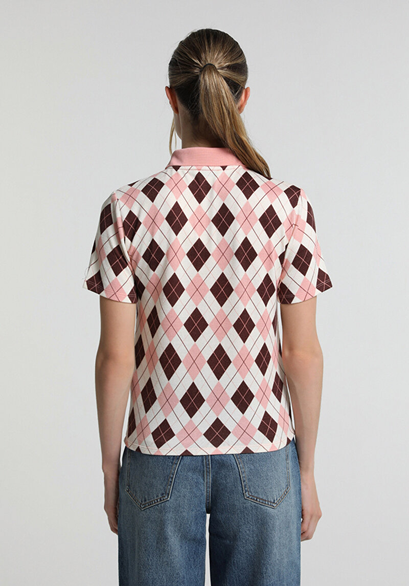 Slim Fit Polo Yaka Metraj Baskılı Kadın Pembe Kısa Kol Tişört