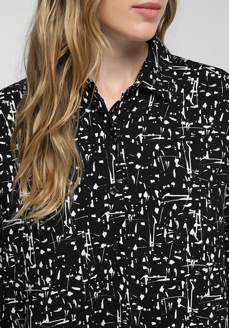 Boyfriend Fit Shirt Neck Baskılı Kadın Siyah Uzun Kol Gömlek