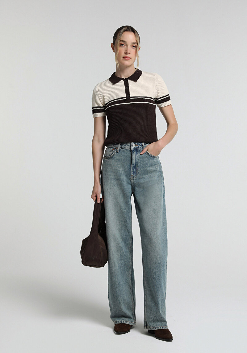 Slim Fit Polo Yaka Çizgili Kadın Kahverengi Kısa Kol Kazak