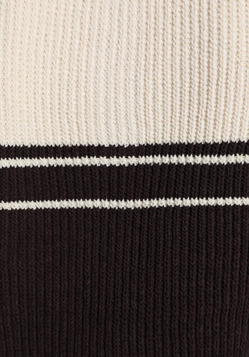 Slim Fit Polo Yaka Çizgili Kadın Kahverengi Kısa Kol Kazak