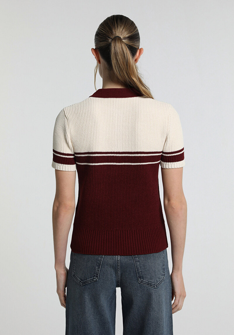 Slim Fit Polo Yaka Çizgili Kadın Bordo Kısa Kol Kazak