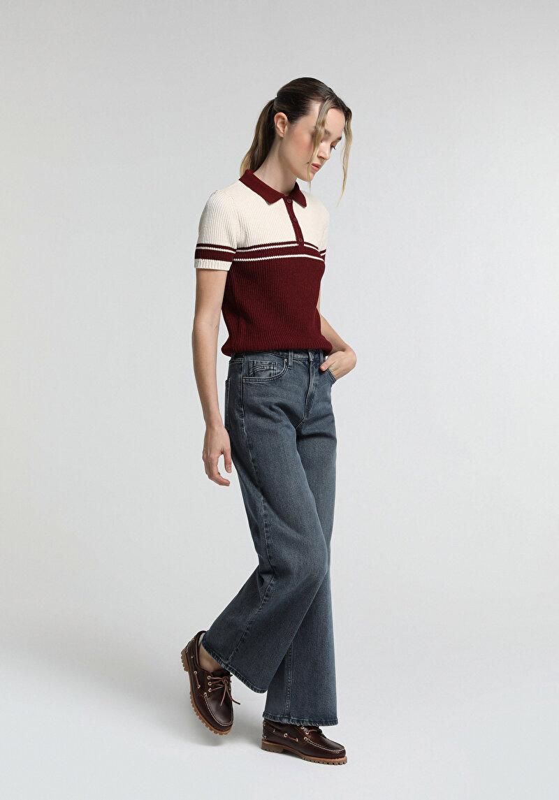 Slim Fit Polo Yaka Çizgili Kadın Bordo Kısa Kol Kazak