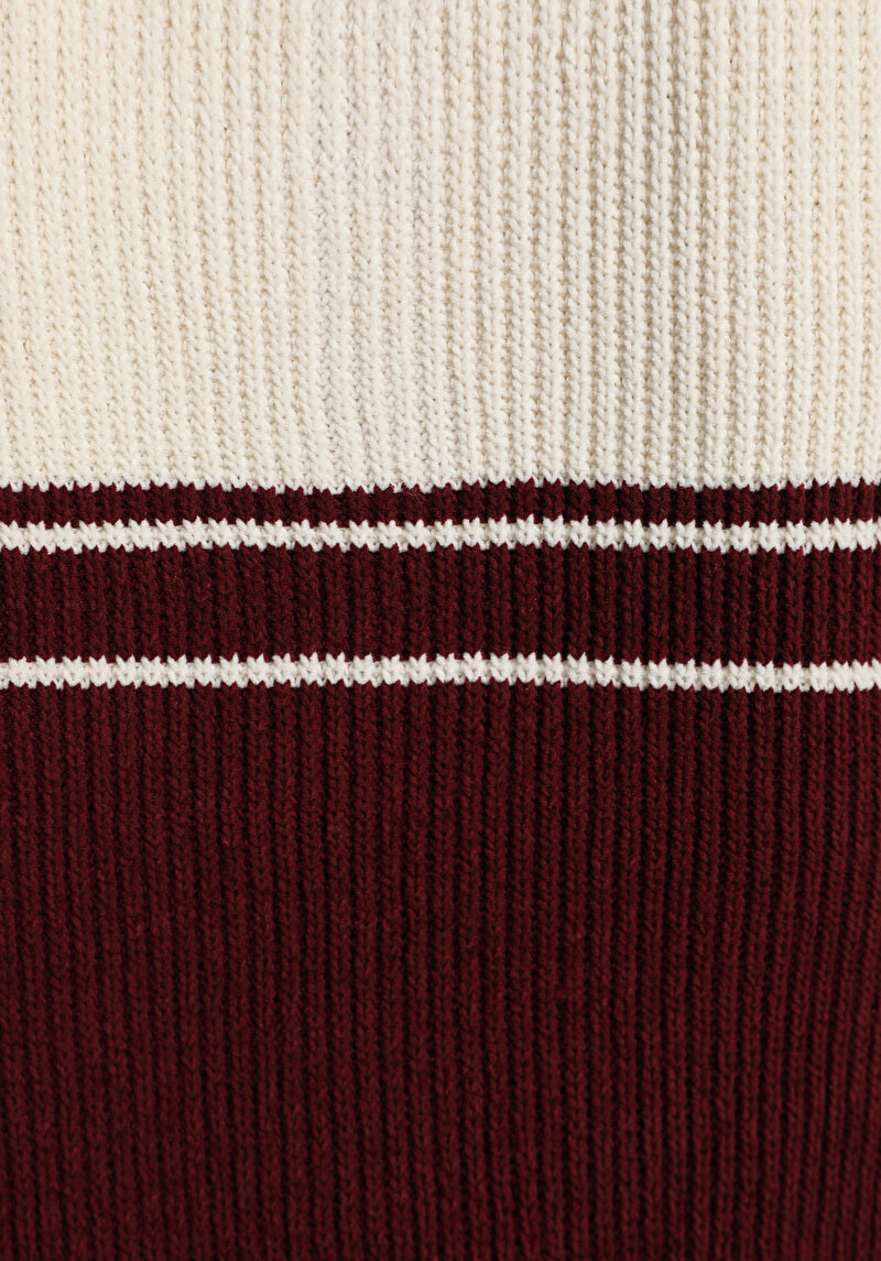 Slim Fit Polo Yaka Çizgili Kadın Bordo Kısa Kol Kazak