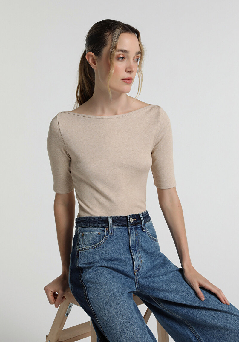 Slim Fit Kadın Bej Tişört