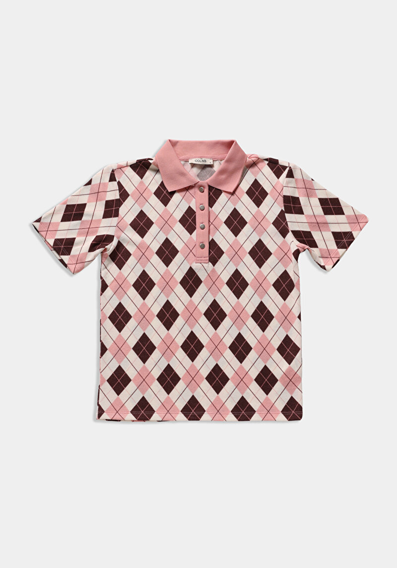 Slim Fit Polo Yaka Metraj Baskılı Kadın Pembe Kısa Kol Tişört