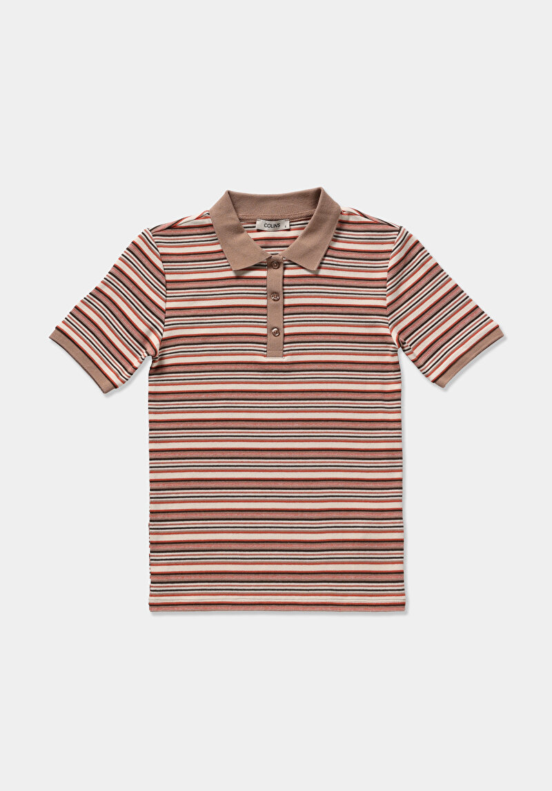 Slim Fit Polo Yaka Çizgili Kadın Çok Renkli Kısa Kol Tişört