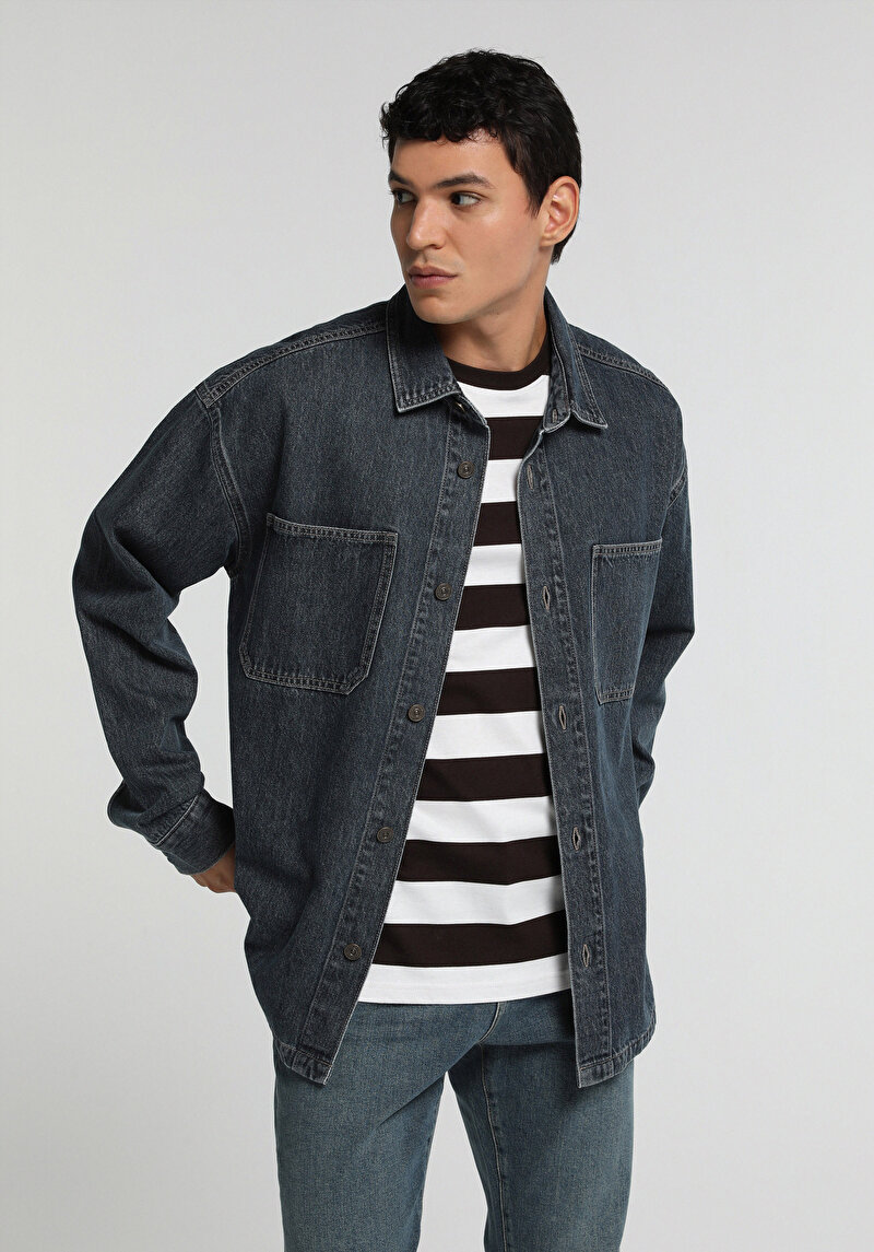 Oversize Fit Erkek Mid İndigo Denim Shacket