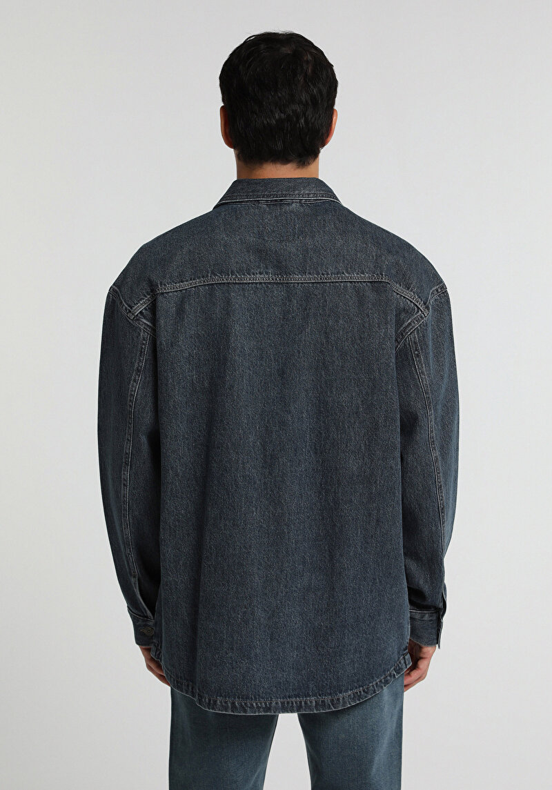 Oversize Fit Erkek Mid İndigo Denim Shacket