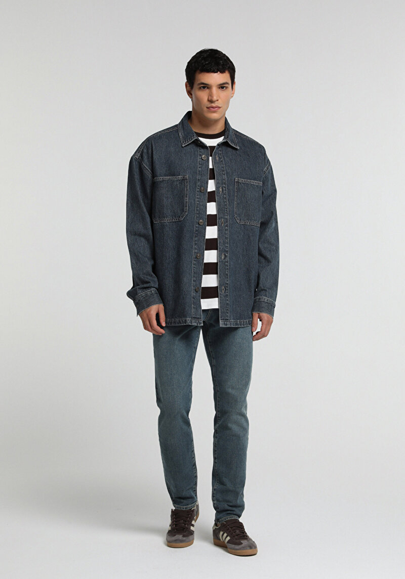 Oversize Fit   Erkek Mid İndigo Denim Shacket