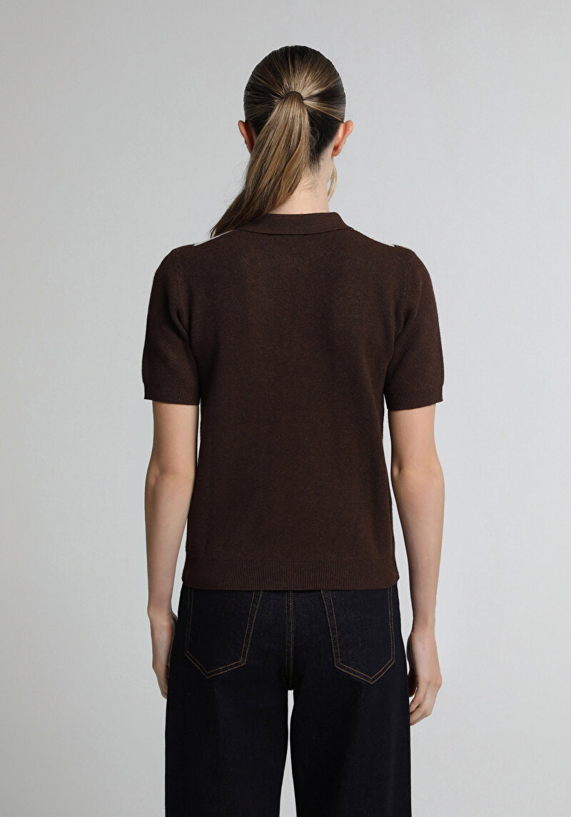 Slim Fit Polo Yaka Jakarlı Kadın Kahverengi Kısa Kol Kazak