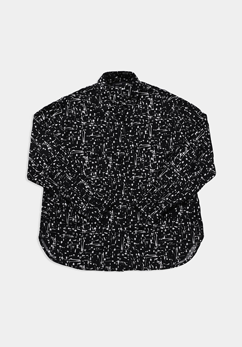 Boyfriend Fit Shirt Neck Baskılı Kadın Siyah Uzun Kol Gömlek