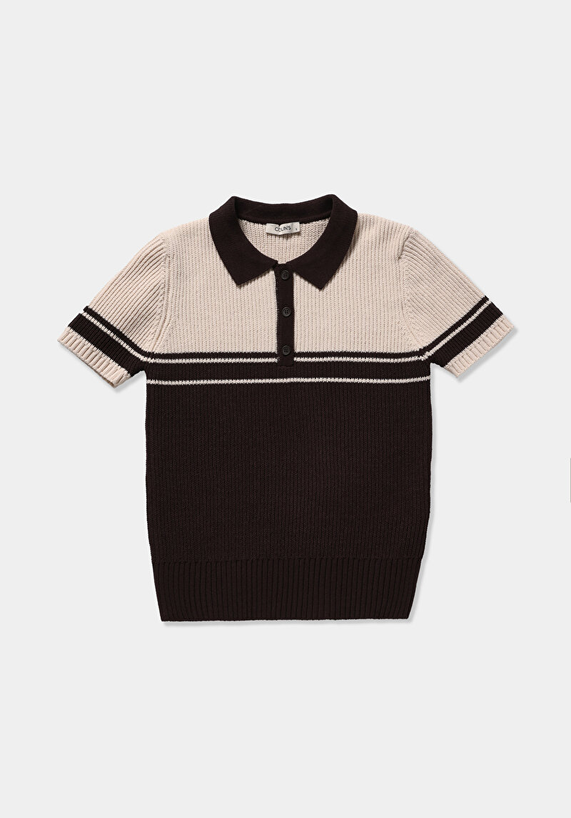 Slim Fit Polo Yaka Çizgili Kadın Kahverengi Kısa Kol Kazak