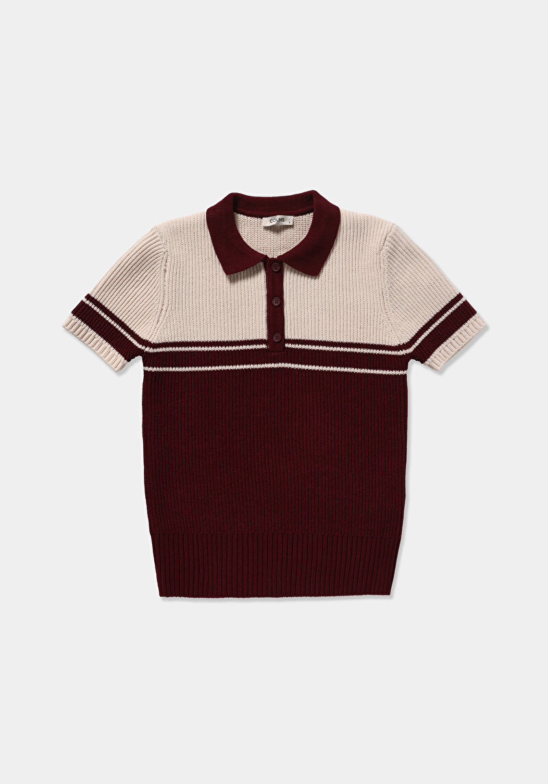 Slim Fit Polo Yaka Çizgili Kadın Bordo Kısa Kol Kazak