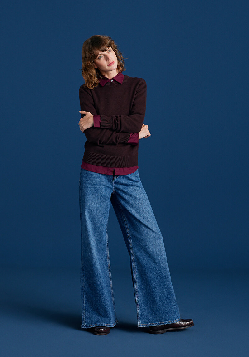 Super Wide Leg Fit Kadın Mid İndigo Denim Jean Pantolon