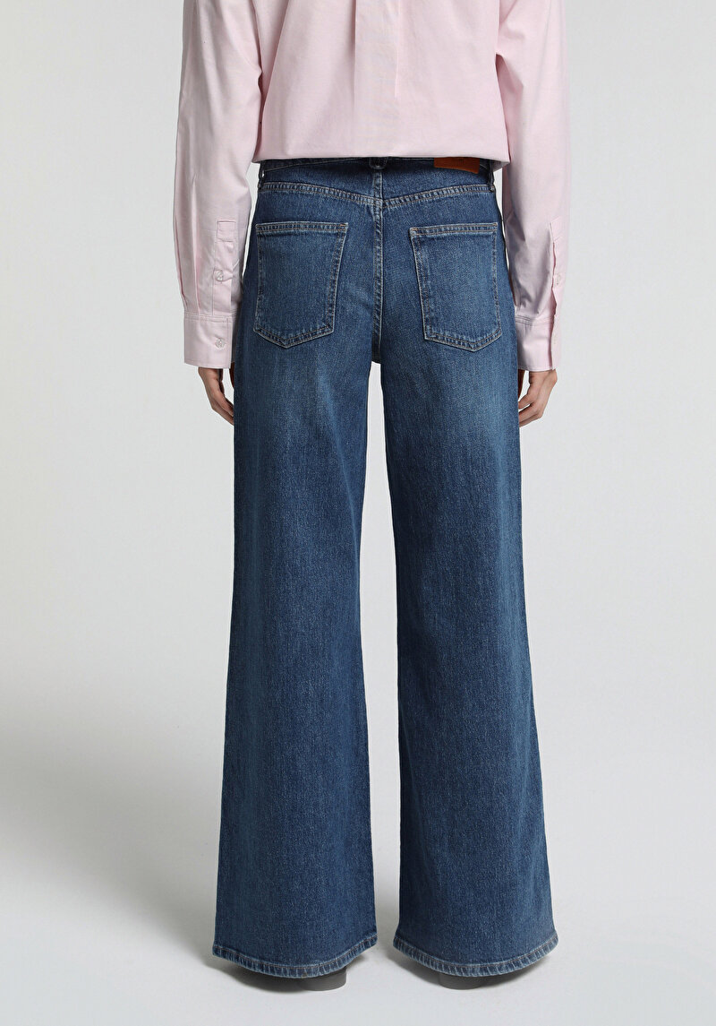 Super Wide Leg Fit Kadın Mid İndigo Denim Jean Pantolon