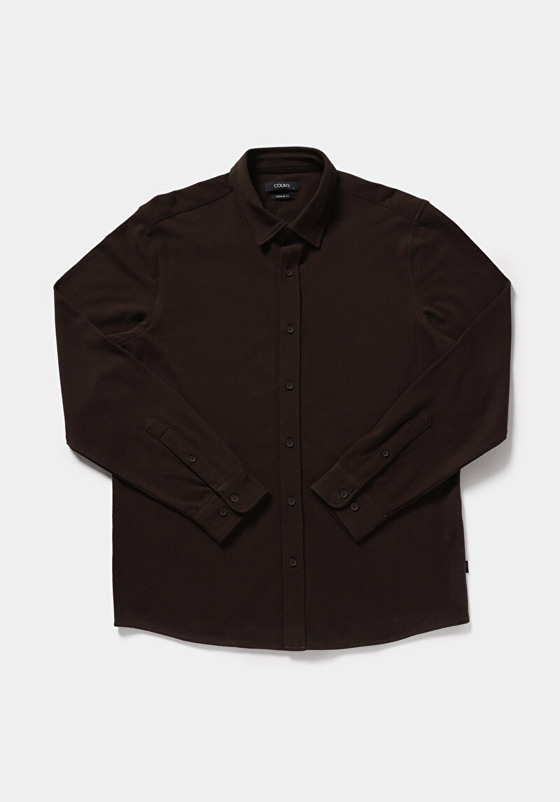 Regular Fit Shirt Neck Düz Erkek Kahverengi Uzun Kol Gömlek