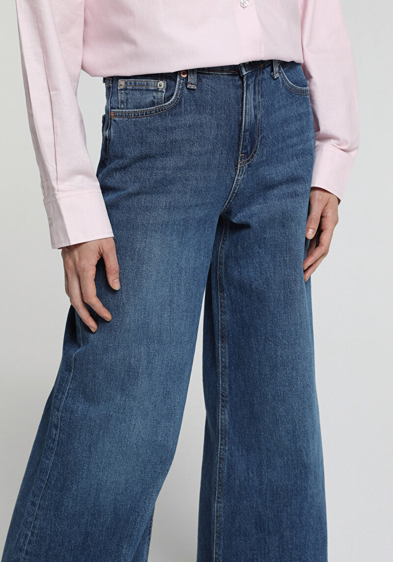 Super Wide Leg Fit Kadın Mid İndigo Denim Jean Pantolon