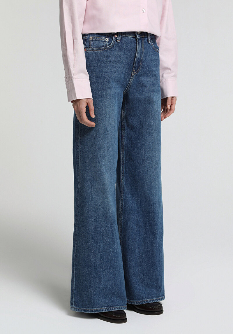 Super Wide Leg Fit   Kadın Mid İndigo Denim Jean Pantolon