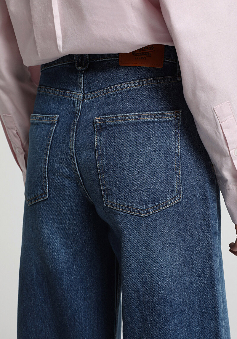 Super Wide Leg Fit   Kadın Mid İndigo Denim Jean Pantolon