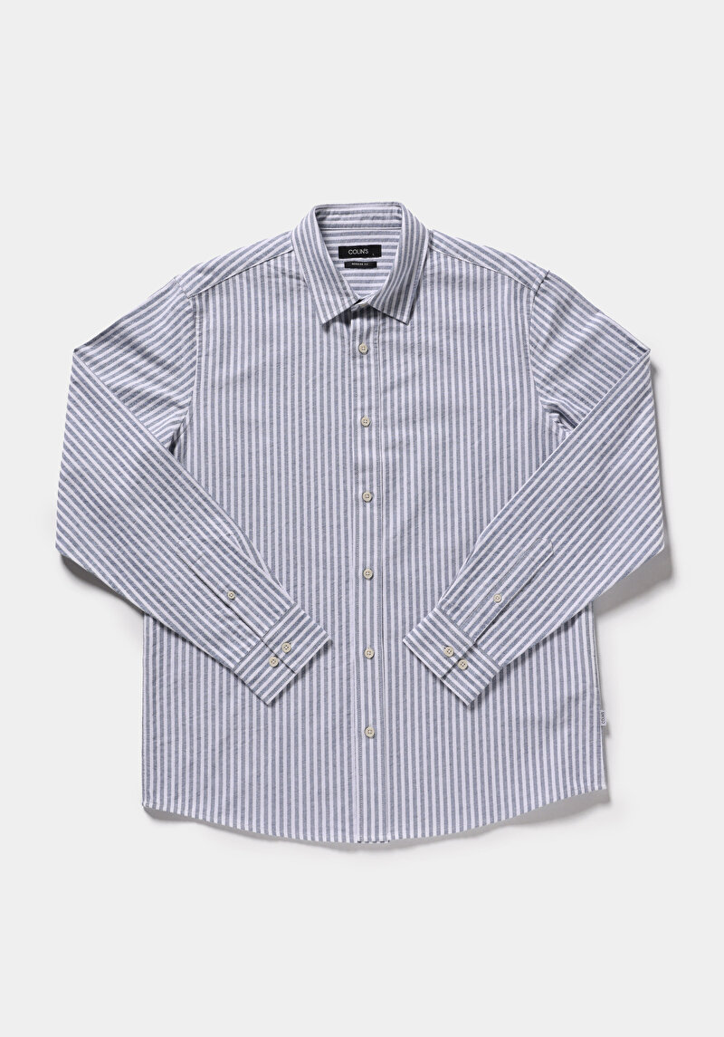 Regular Fit Shirt Neck Çizgili Erkek Mavi Uzun Kol Gömlek