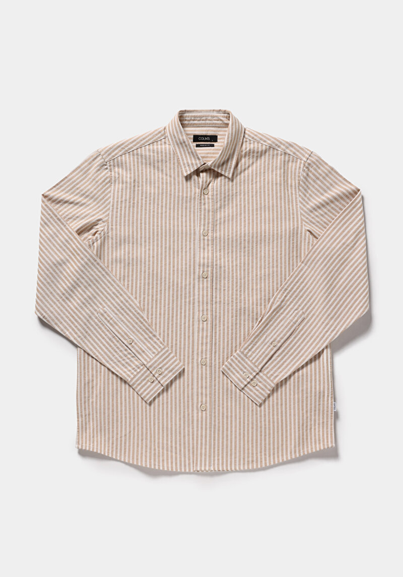 Regular Fit Shirt Neck Çizgili Erkek Bej Uzun Kol Gömlek