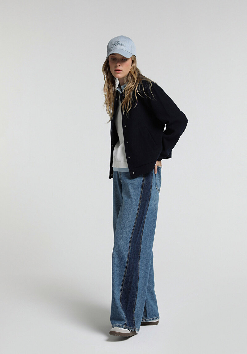 Baggy Wide Leg Fit Kadın Dark İndigo Denim Jean Pantolon