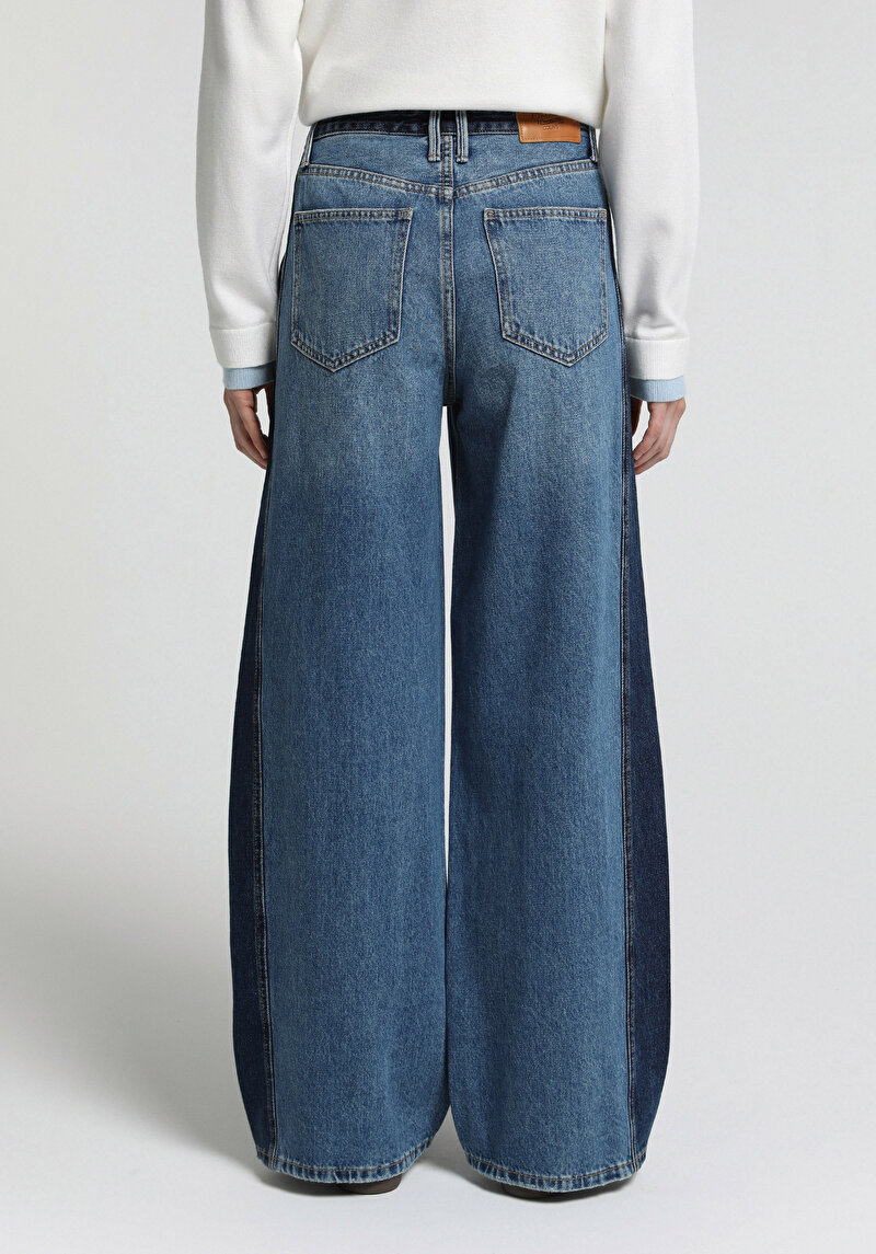 Baggy Wide Leg Fit Kadın Dark İndigo Denim Jean Pantolon