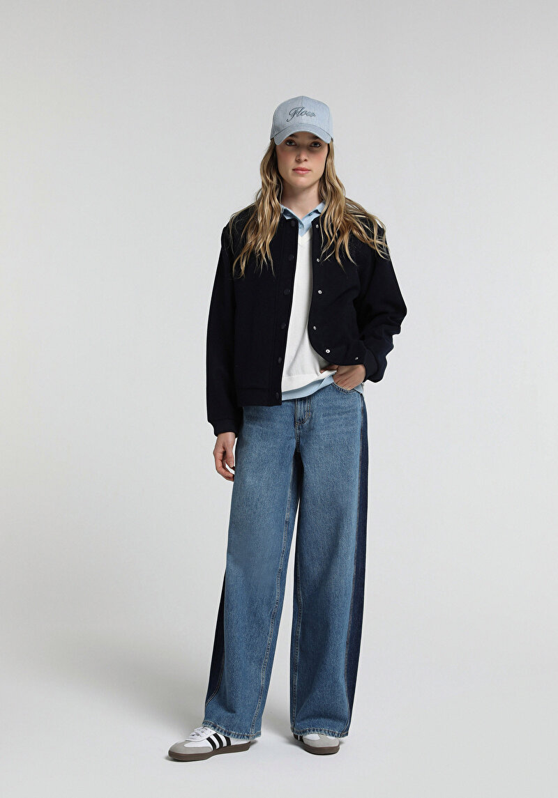 Baggy Wide Leg Fit Kadın Dark İndigo Denim Jean Pantolon