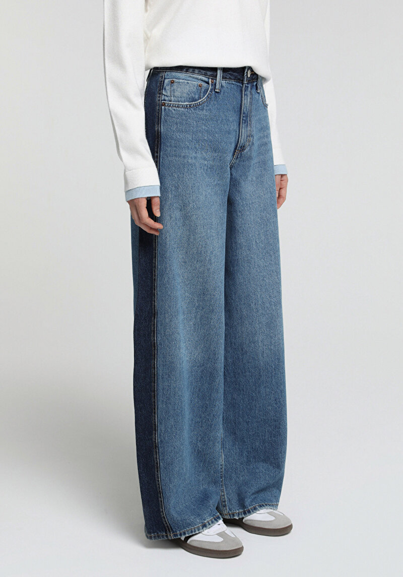 Baggy Wide Leg Fit Kadın Dark İndigo Denim Jean Pantolon