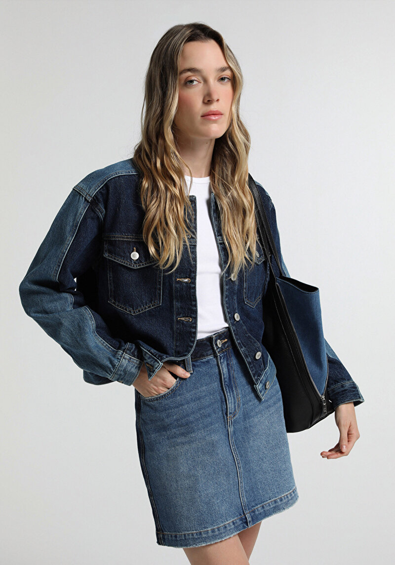 Slim Fit Düz Fermuarlı Kadın Dark İndigo Denim Etek
