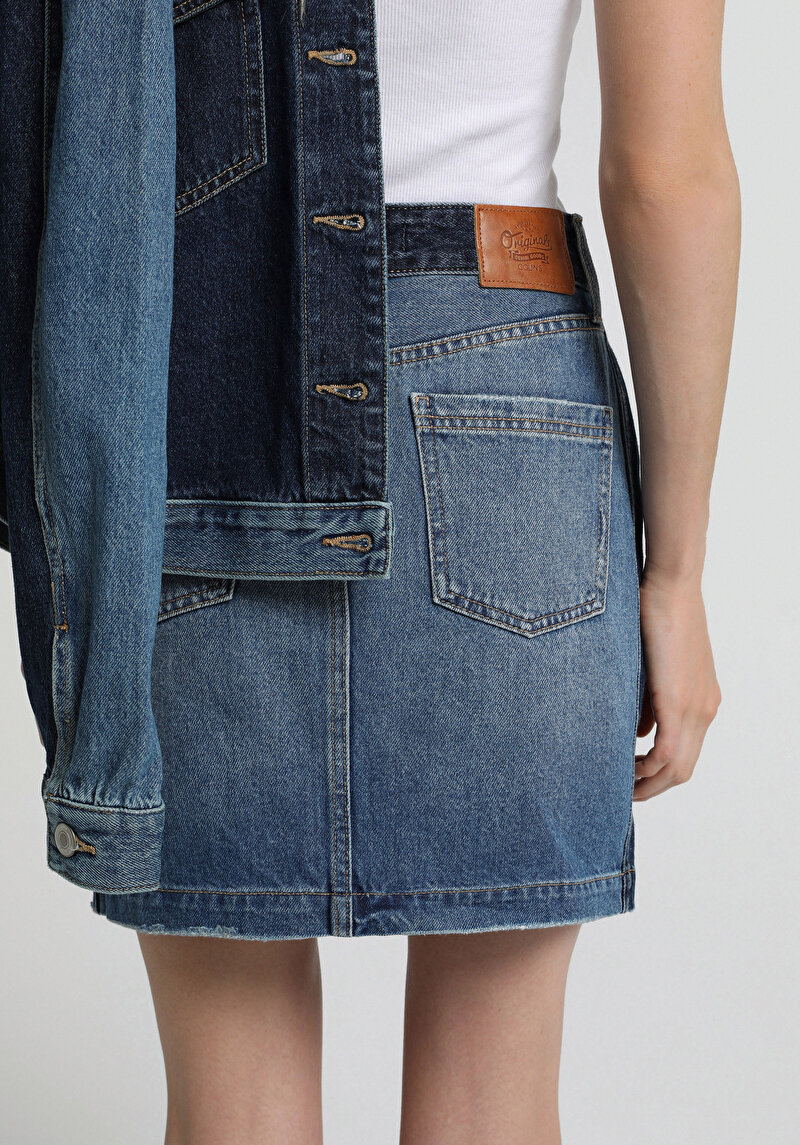 Slim Fit Düz Fermuarlı Kadın Dark İndigo Denim Etek