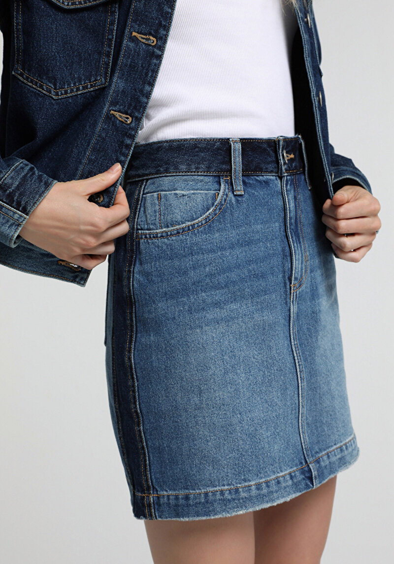 Slim Fit Düz Fermuarlı Kadın Dark İndigo Denim Etek