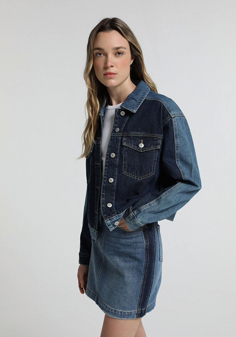 Oversize Fit Düğmeli Astarsız Kadın Dark İndigo Denim Ceket
