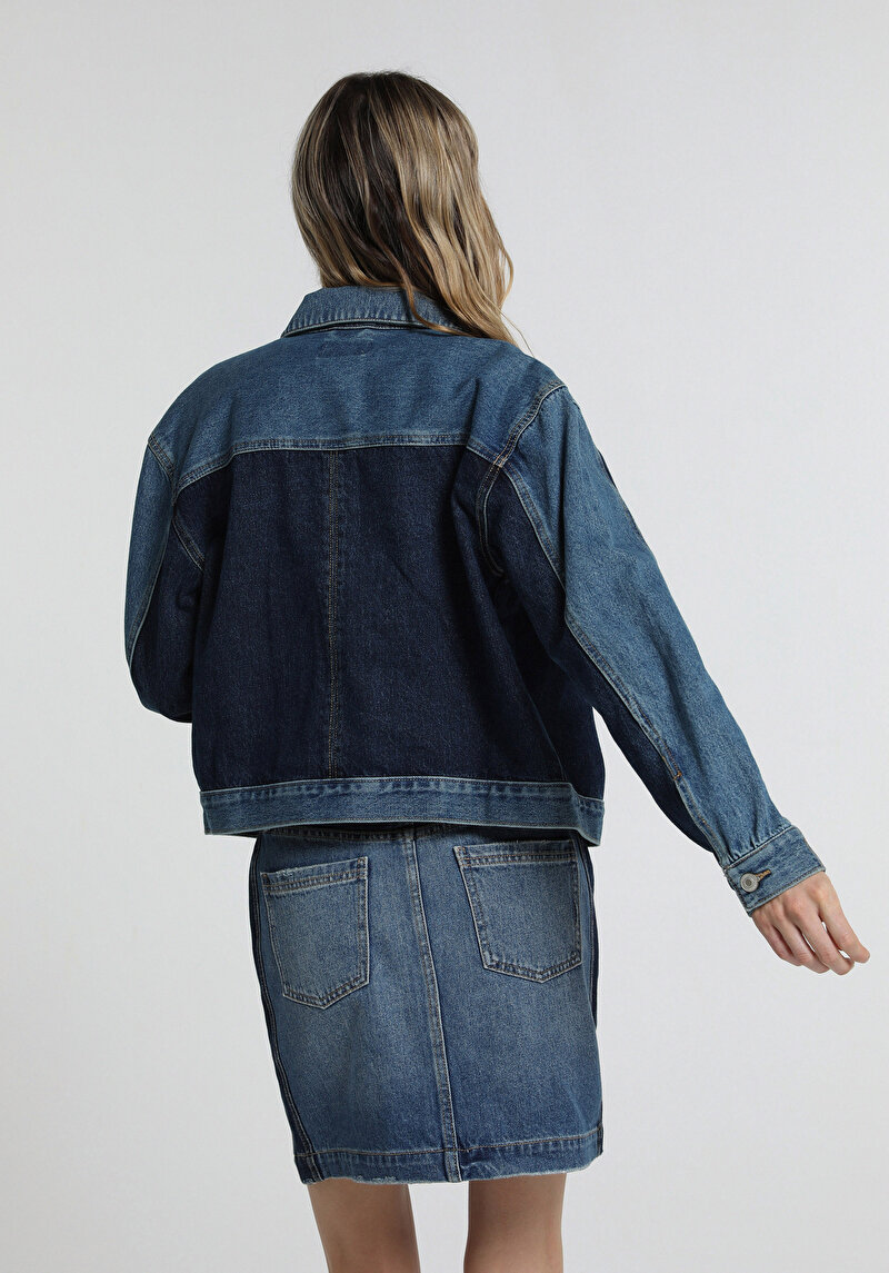 Oversize Fit Düğmeli Astarsız Kadın Dark İndigo Denim Ceket