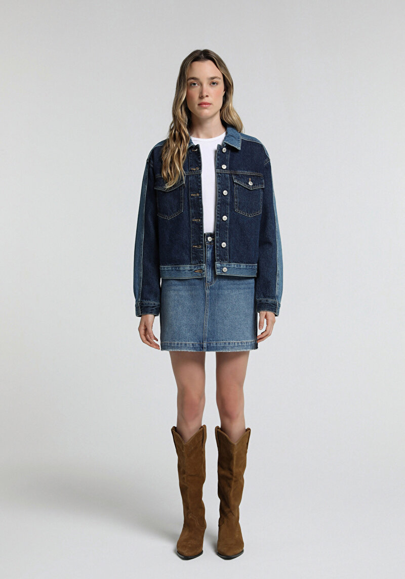 Oversize Fit Düğmeli Astarsız Kadın Dark İndigo Denim Ceket