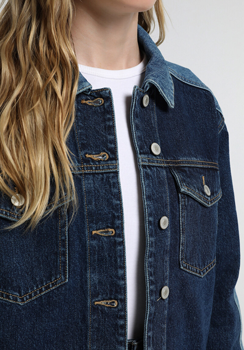 Oversize Fit Düğmeli Astarsız Kadın Dark İndigo Denim Ceket