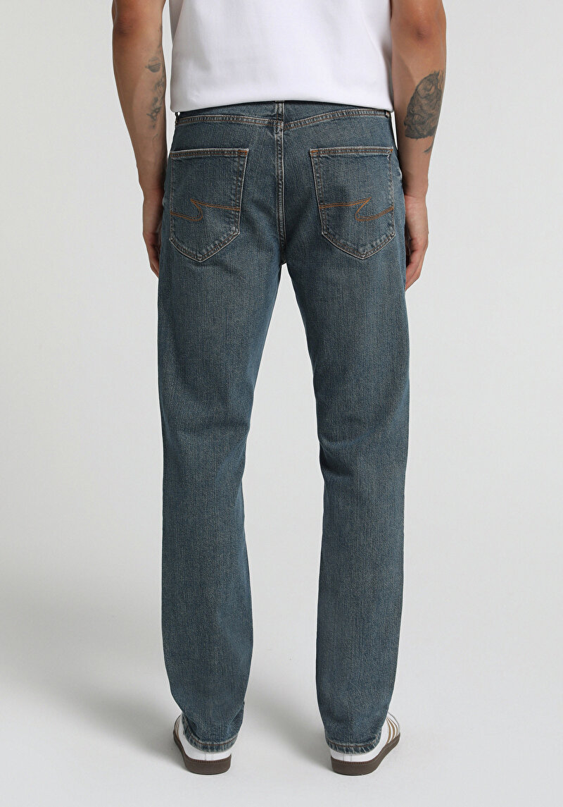 Straight Fit   Erkek Mid İndigo Denim Jean Pantolon