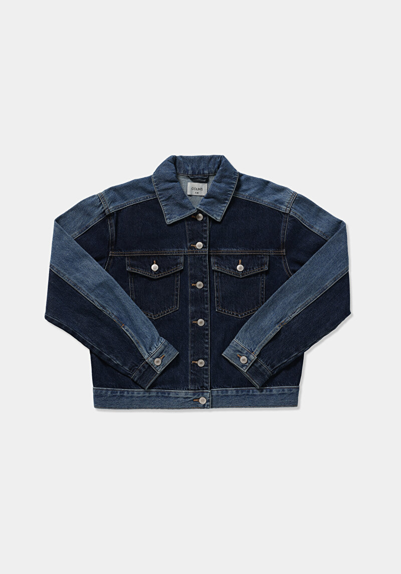 Oversize Fit Düğmeli Astarsız  Kadın Dark İndigo Denim Ceket