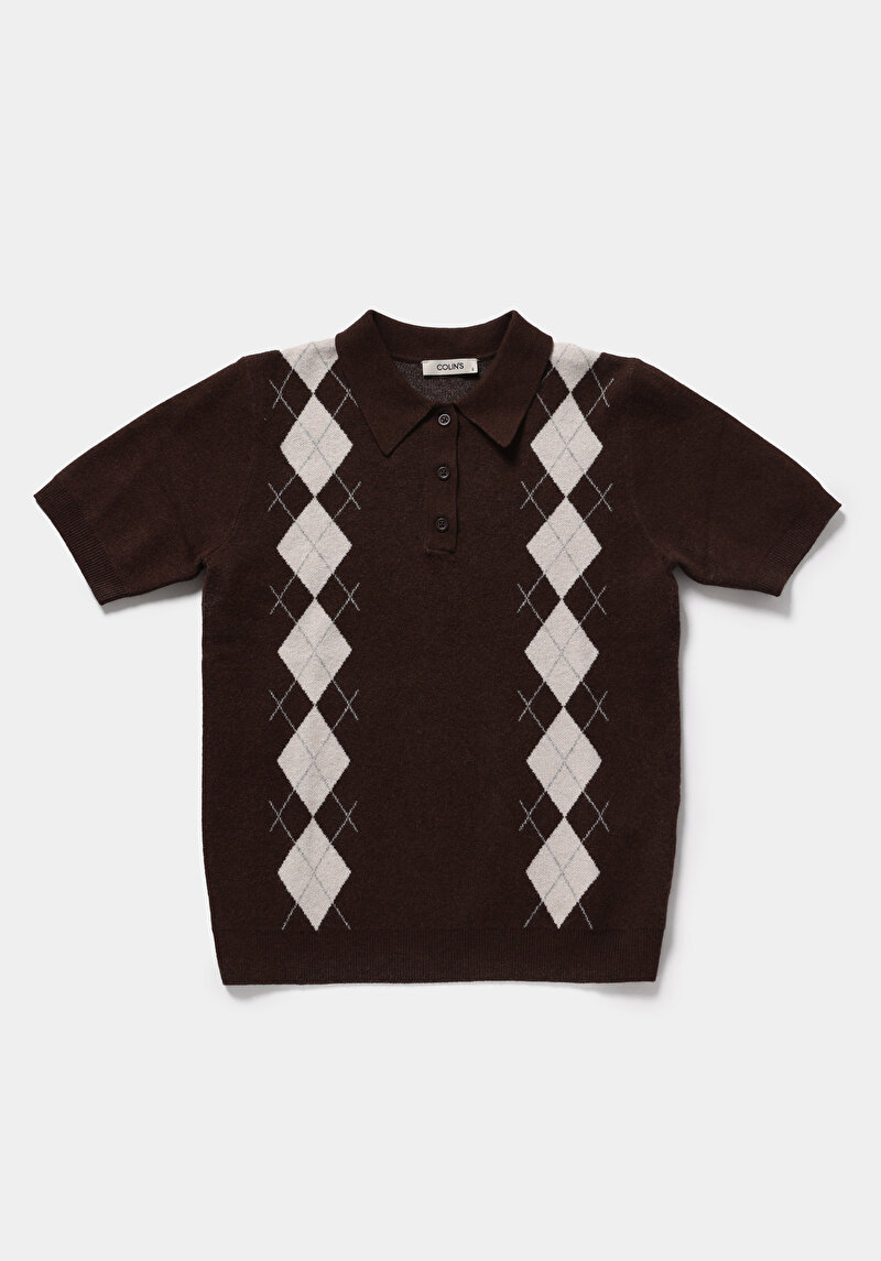 Slim Fit Polo Yaka Jakarlı Kadın Kahverengi Kısa Kol Kazak