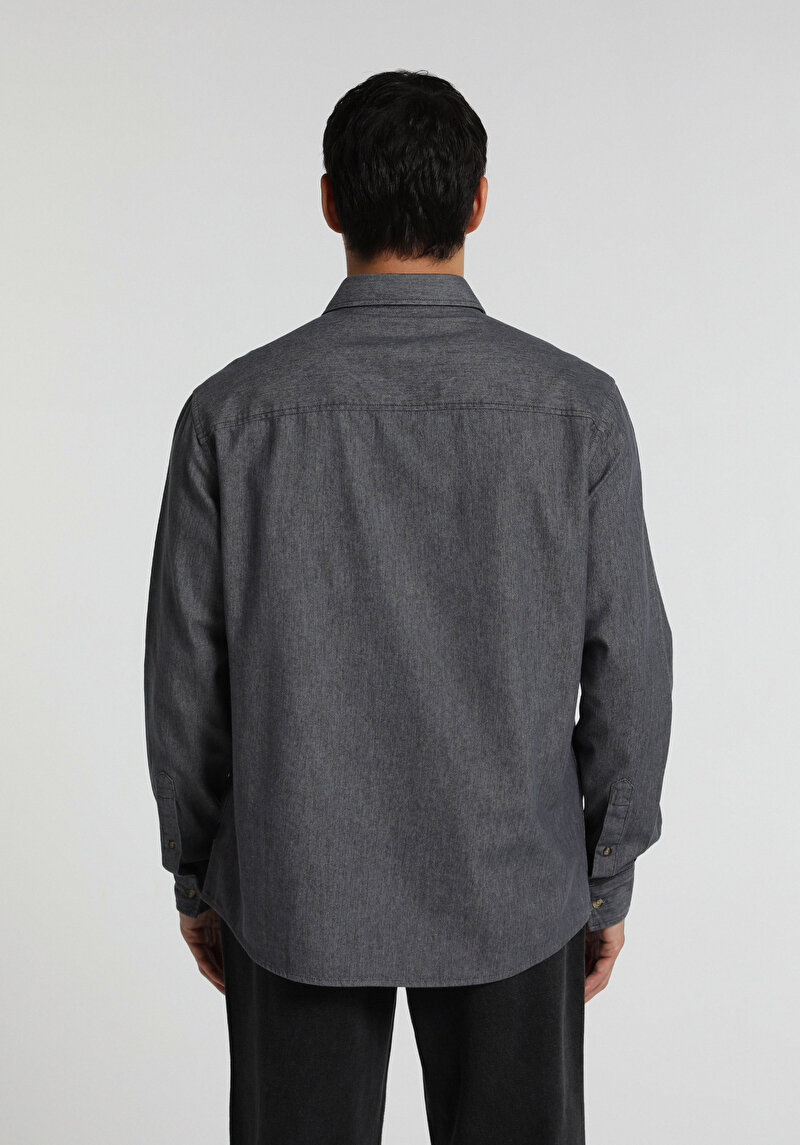 Regular Fit Shirt Neck Düz Erkek Antrasit Uzun Kol Gömlek