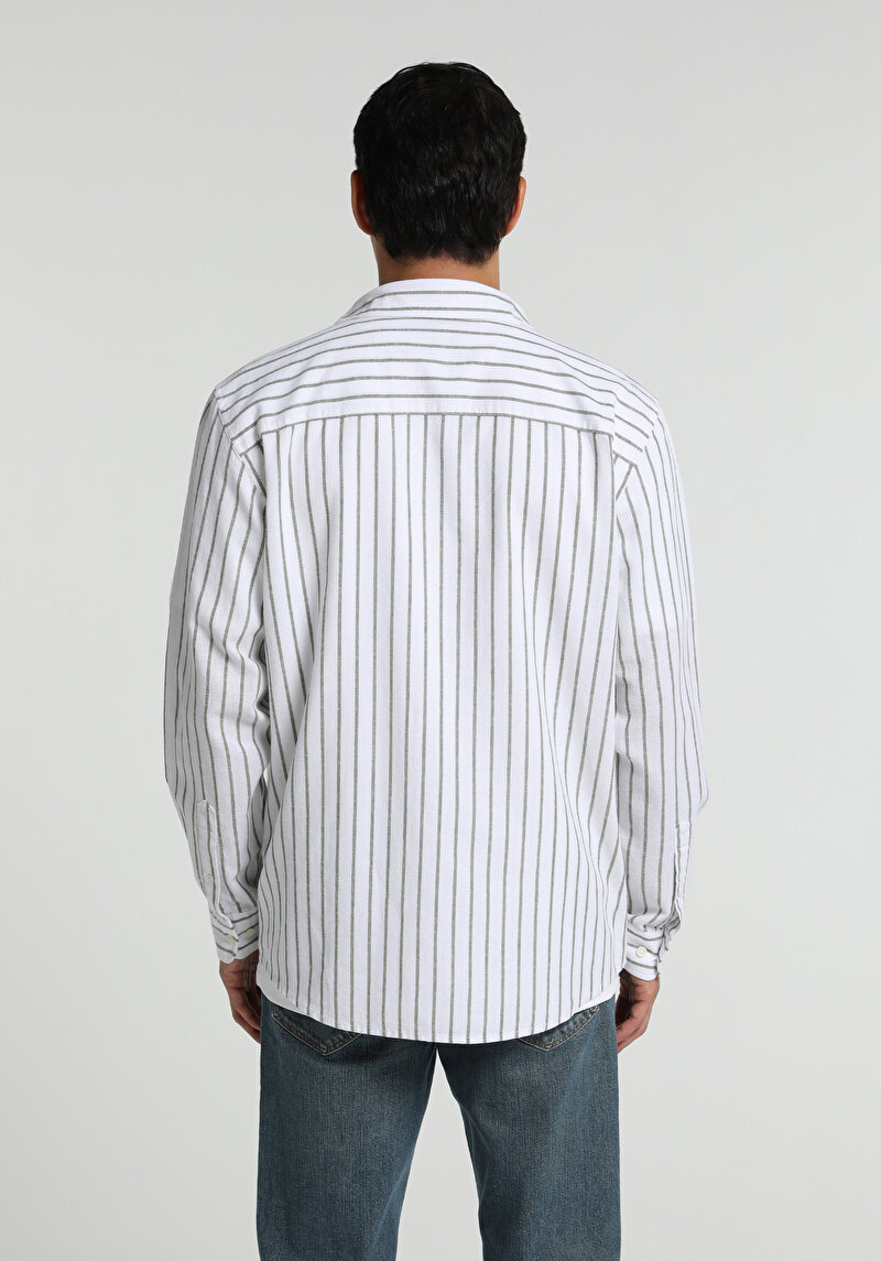 Regular Fit Shirt Neck Çizgili Erkek Yeşil Uzun Kol Gömlek