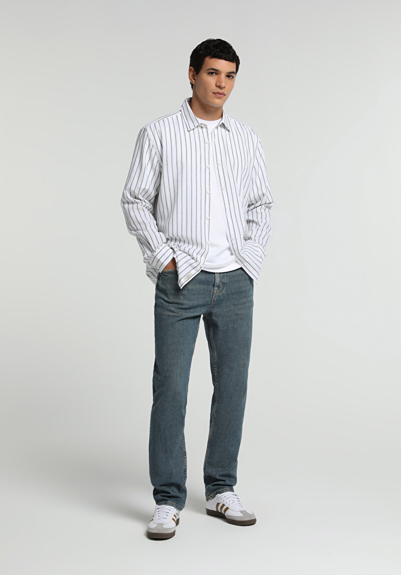 Regular Fit Shirt Neck Çizgili Erkek Yeşil Uzun Kol Gömlek