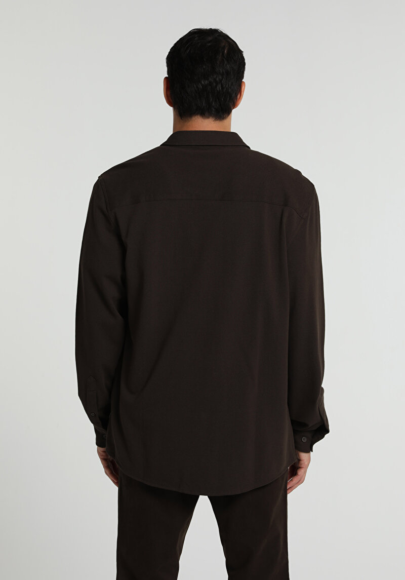 Regular Fit Shirt Neck Düz Erkek Kahverengi Uzun Kol Gömlek