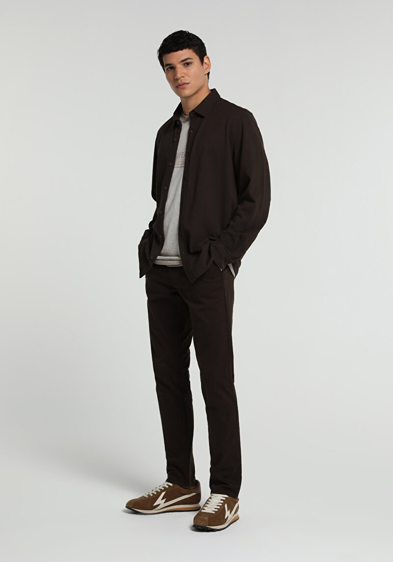 Regular Fit Shirt Neck Düz Erkek Kahverengi Uzun Kol Gömlek