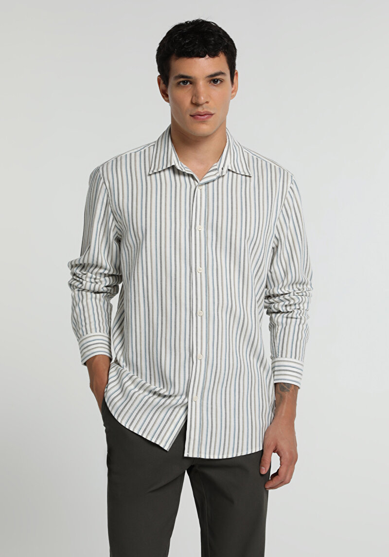 Regular Fit Shirt Neck Çizgili Erkek Mavi Uzun Kol Gömlek