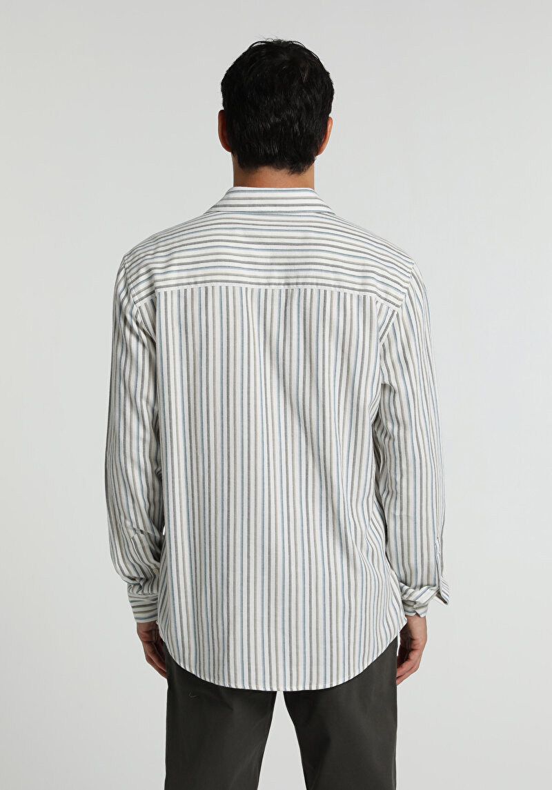 Regular Fit Shirt Neck Çizgili Erkek Mavi Uzun Kol Gömlek